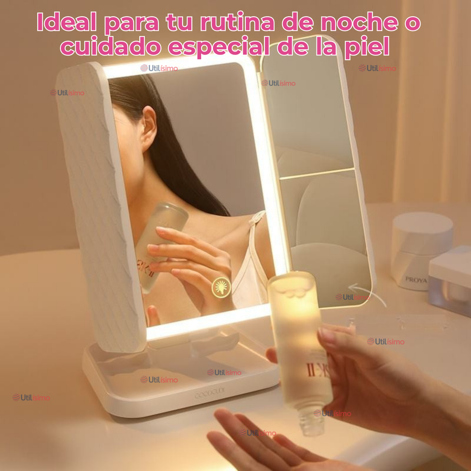 Espejo De Maquillaje Tri Plegable Con Luces LED Recargable