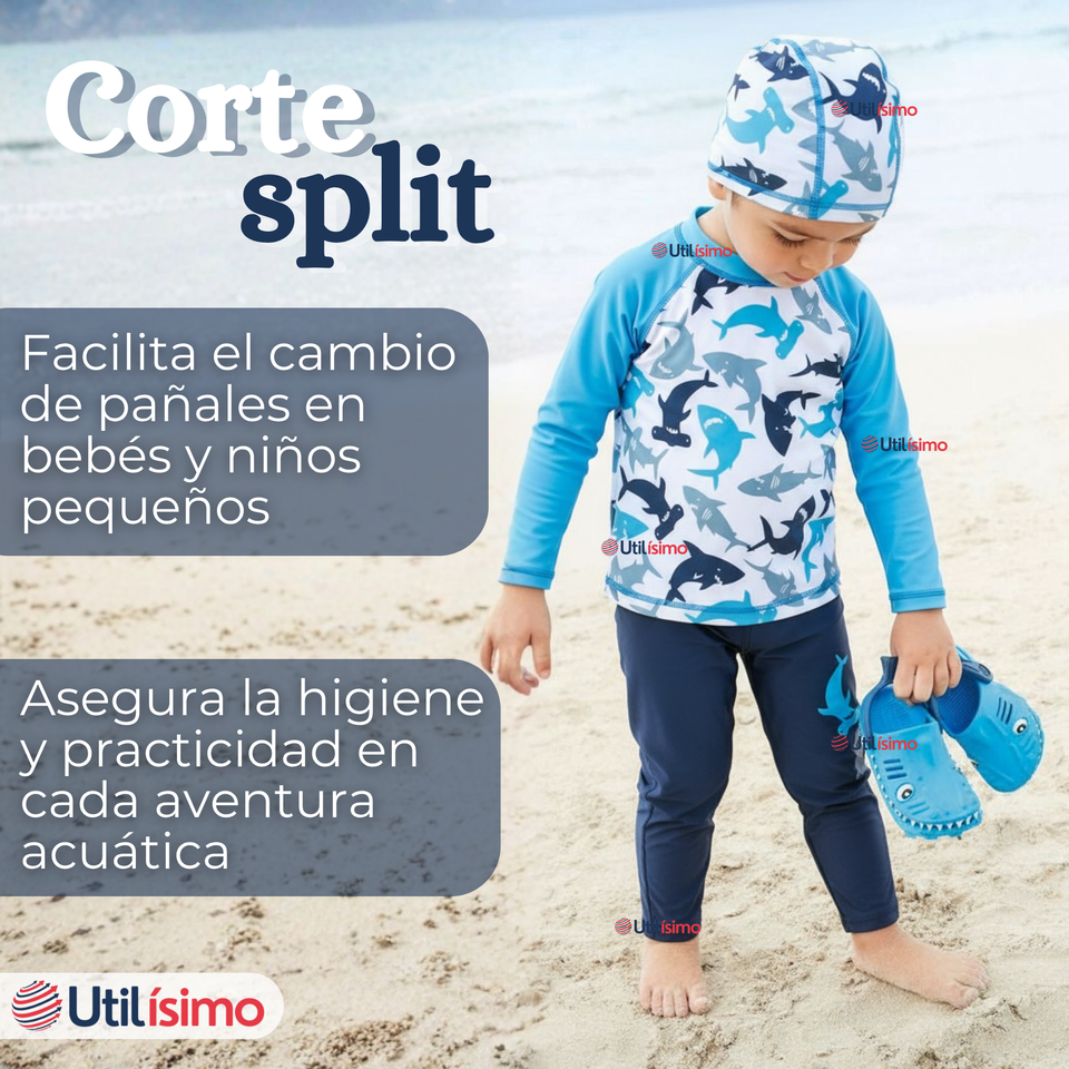 Traje de Baño Con Gorro Pantalón Largo 3 Piezas Corte Split Manga Larga Niño 3 a 11 años White Shark