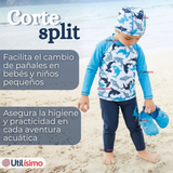 Traje de Baño Con Gorro Pantalón Largo 3 Piezas Corte Split Manga Larga Niño 3 a 11 años White Shark