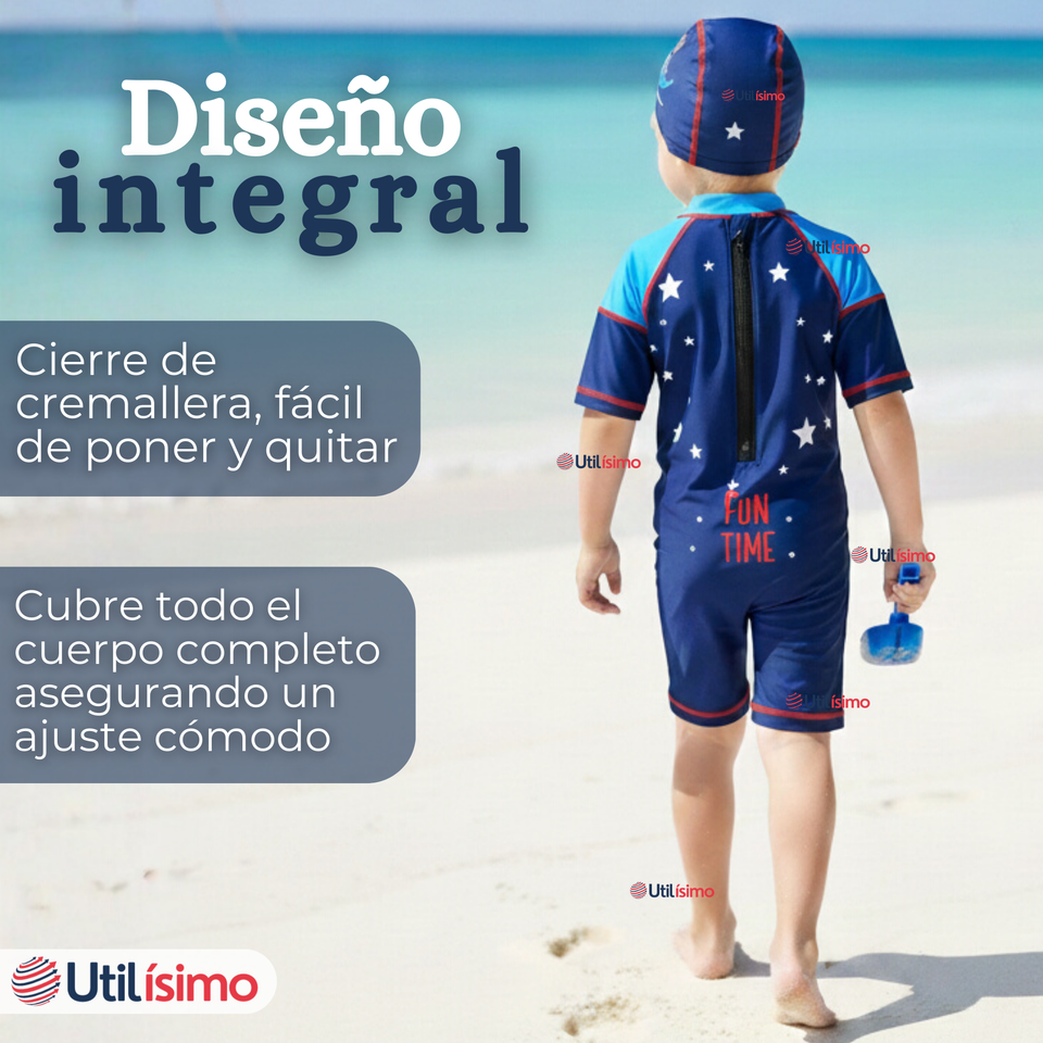 Traje de Baño Enterito Cremallera Manga Corta Con Gorro Niño 2 a 4 años Blue Dinosaur