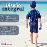 Traje de Baño Enterito Cremallera Manga Corta Con Gorro Niño 2 a 4 años Blue Dinosaur