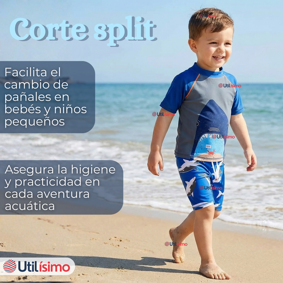 Traje de Baño Pantalón Corto Manga Corta 2 Piezas Corte Split Niño 2 a 4 años Blue Shark