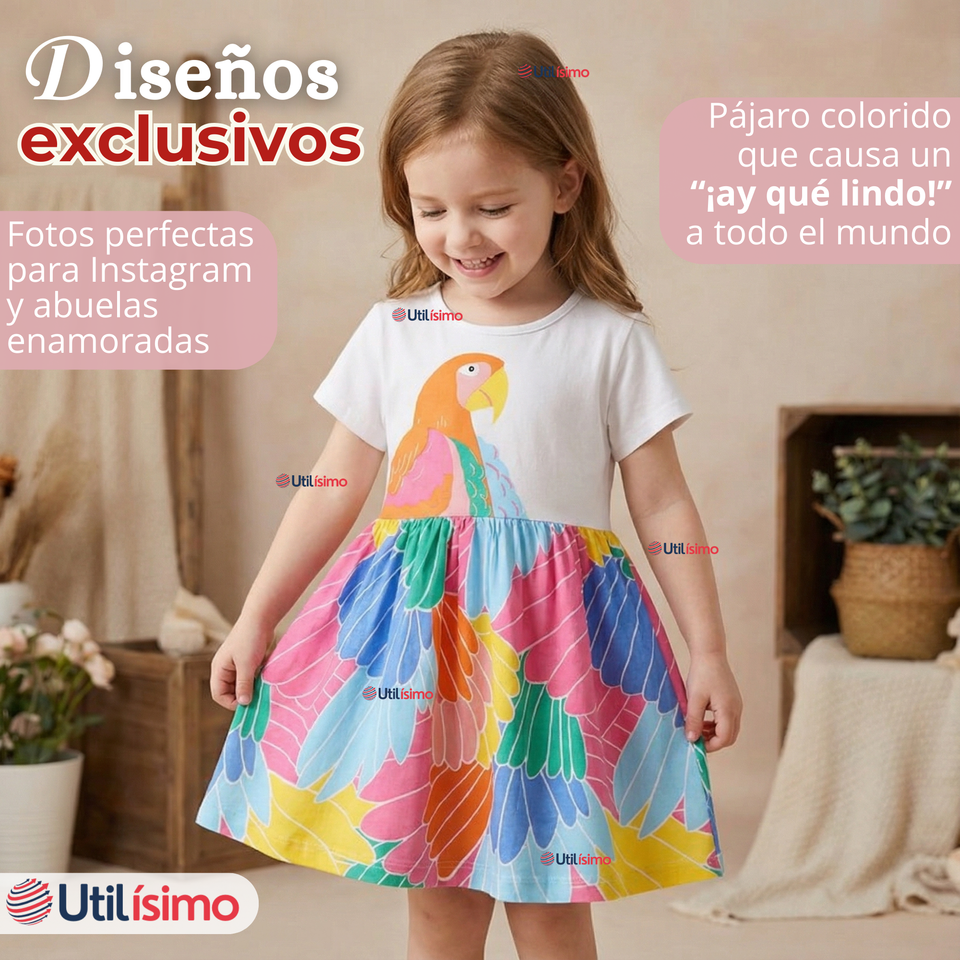 Vestido Manga Corta Casual Loro Multicolor Verano Niña 2 a 7 años