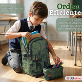 Mochila Escolar + Estuche + Lonchera 49cm Tela Oxford Verde Militar Niño