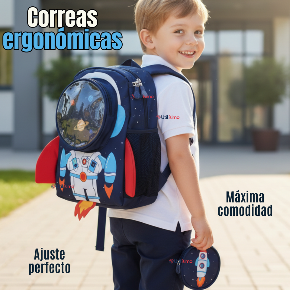 Mochila Escolar Con Estuche 33cm Poliéster Impermeable Astronauta Niño