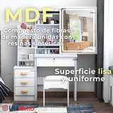 Tocador Y Taburete De Lujo Espejo Ajustable Con Luz Integrada 4 Cajones MDF Blanco 80x40x135cm