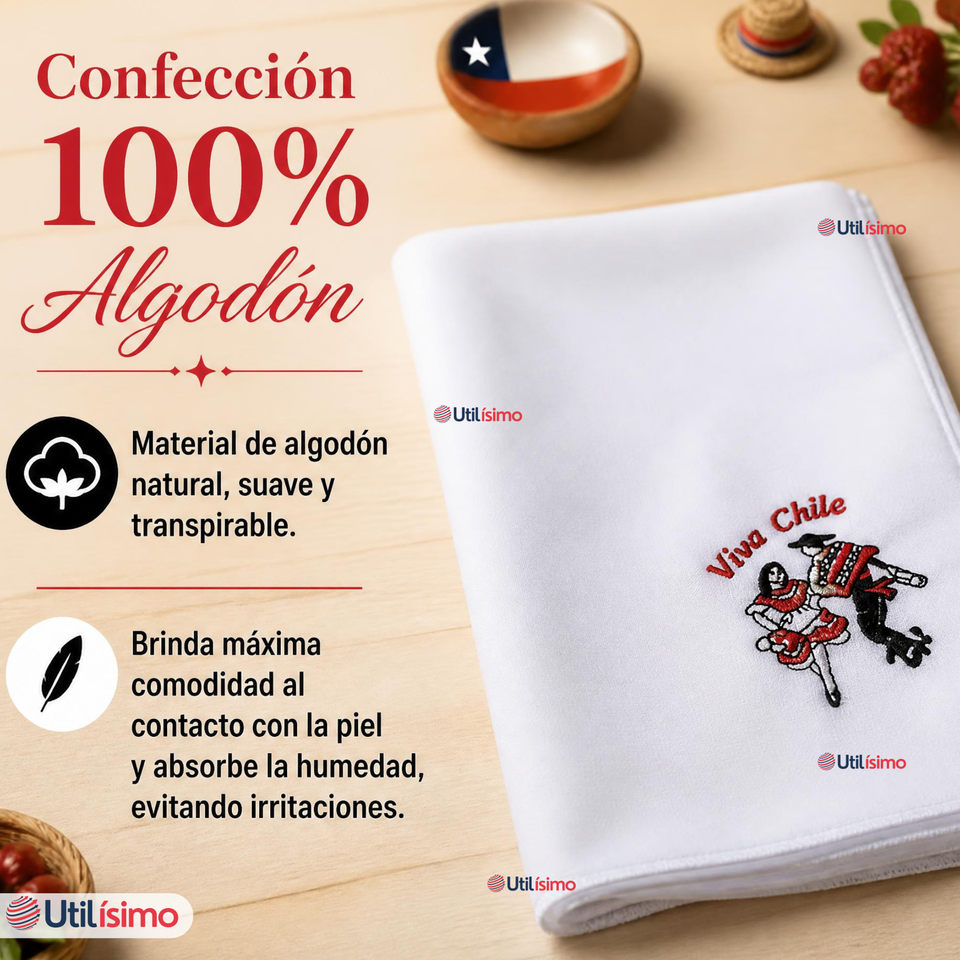 Pack 3 Pañuelos Baile Cueca 45cm Bordado Pareja Bailando Algodón Fiestas Patrias