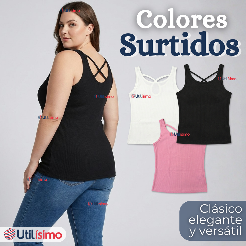Pack 6 Camisetas Poleras 100% Algodón Básicas Lisa Con Espalda Cruzada Mujer Colores Surtidos Peto