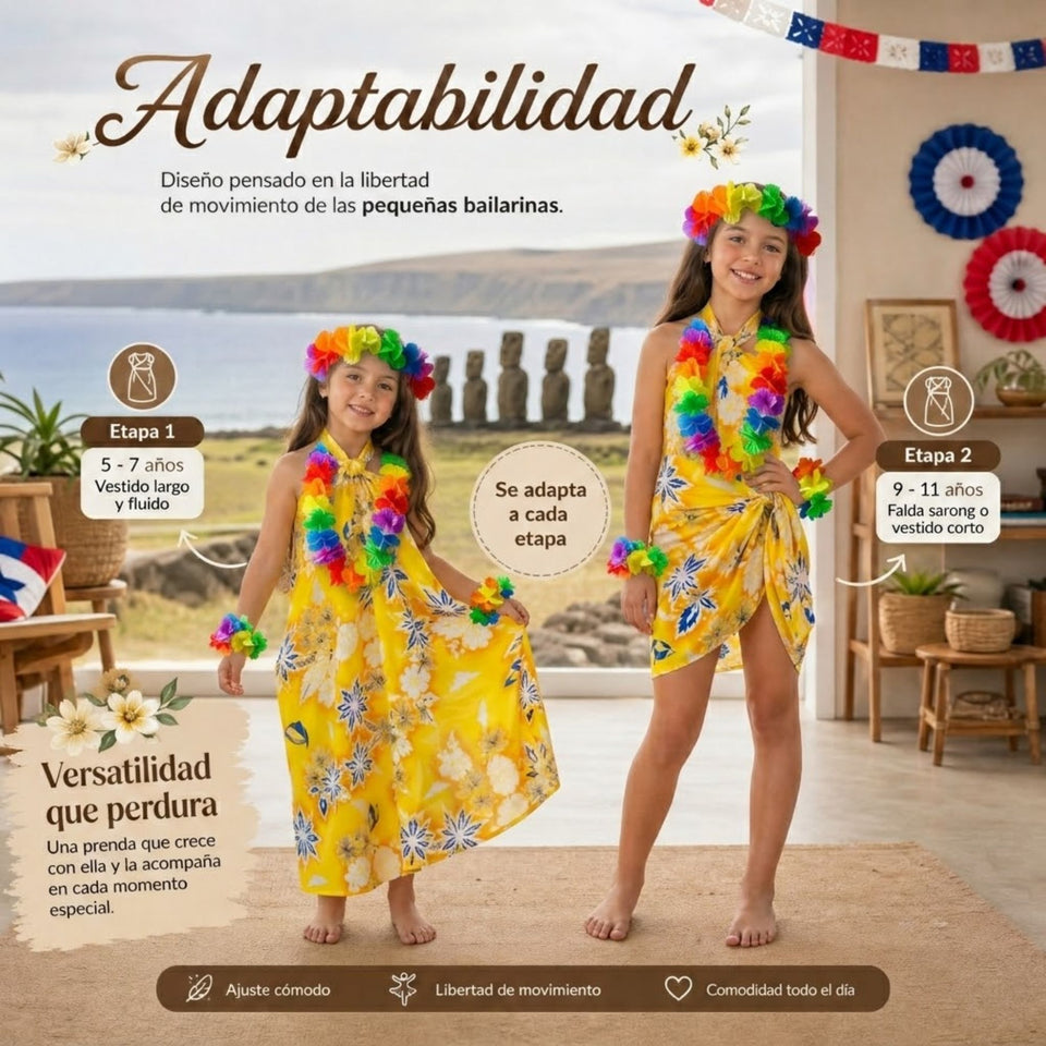 Traje Páscuense Pareo Hawaiano Amarillo Niña Con Accesorios