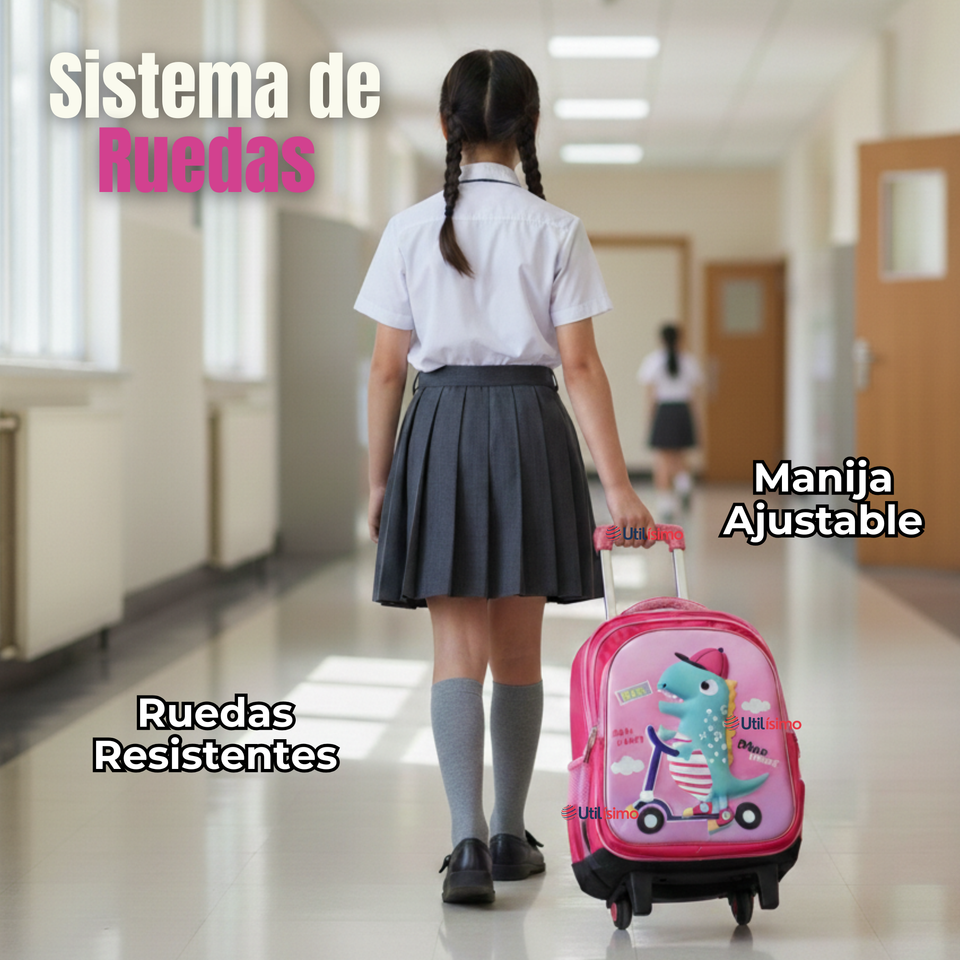 Mochila Escolar Con Ruedas + Estuche + Lonchera Poliéster Niña