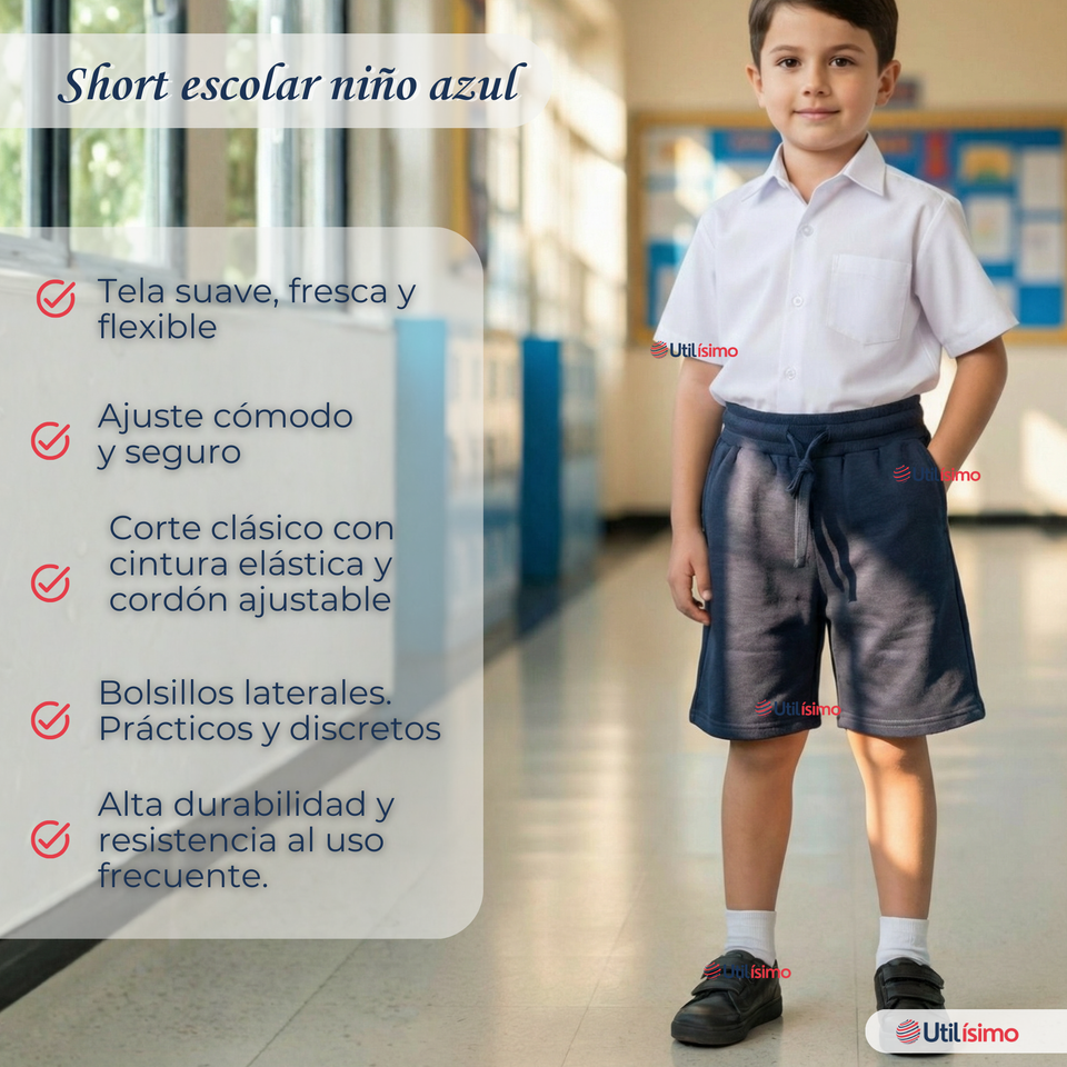 Short Pantalon Corto Niño Algodón Deportivo Escolar Azul Marino