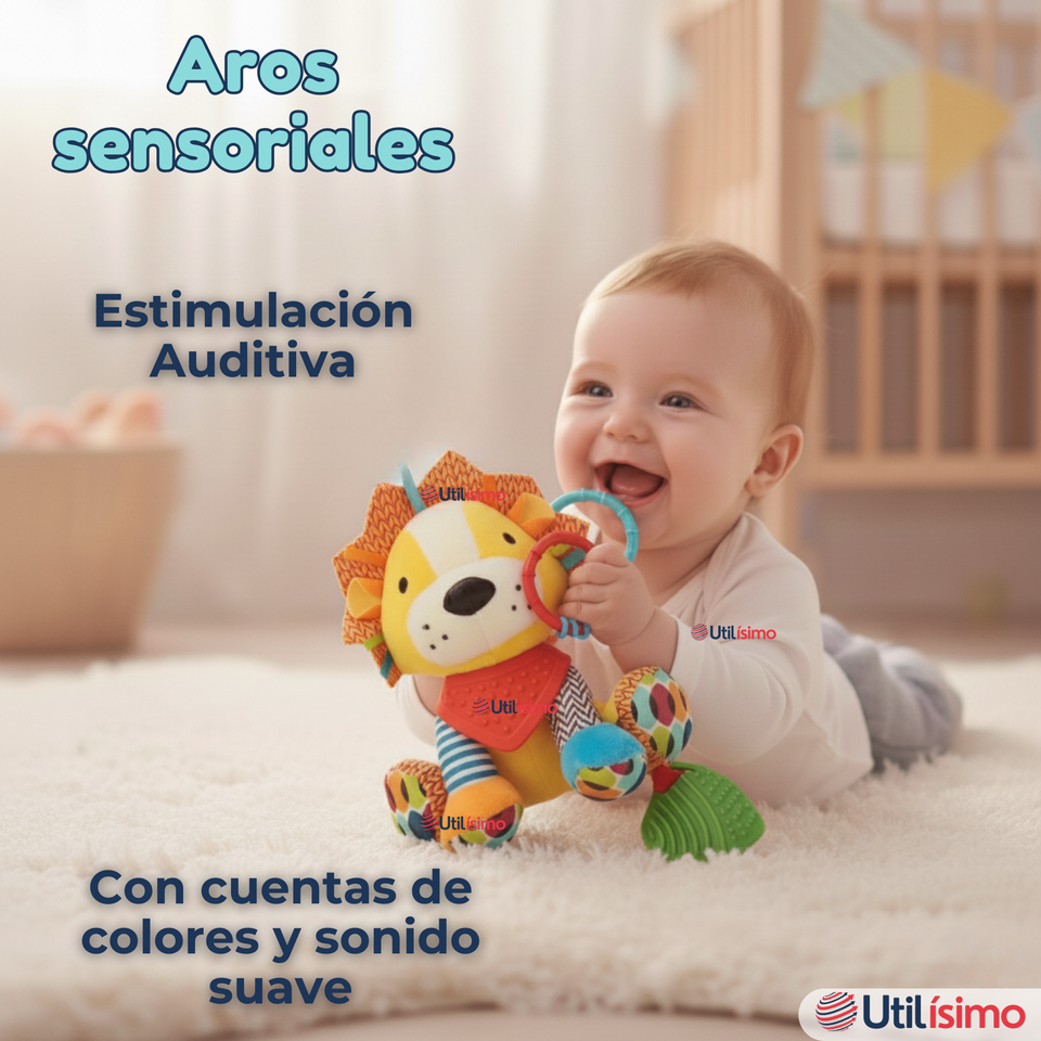 Juguete Peluche Animales Sensorial Con Mordedor Y Sonajero Diseño León Niña y Niño