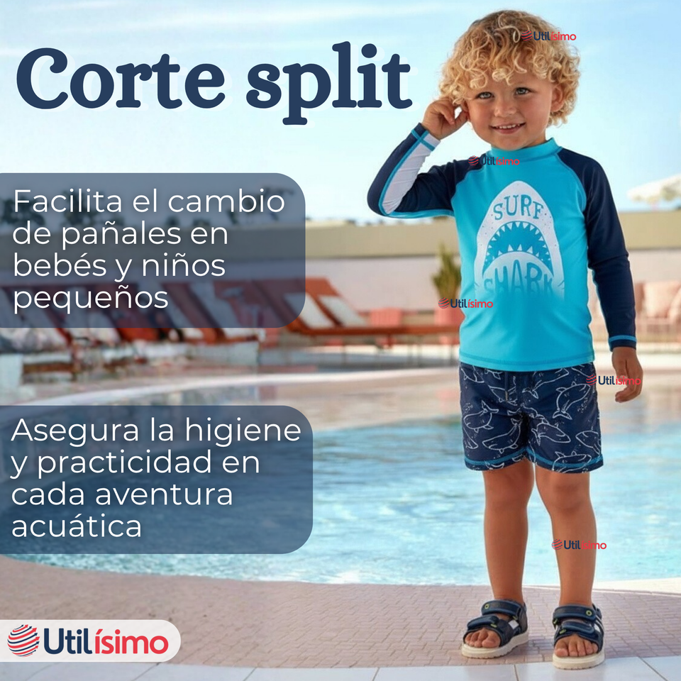 Traje de Baño Manga Larga Pantalón Corto 2 Piezas Corte Split Niño 3 a 9 años Blue Shark