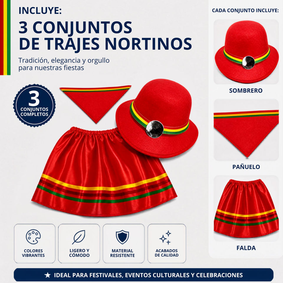 Pack 3 Trajes Nortinos Niña 3 piezas Rojos Baile Típico Fiestas Patrias