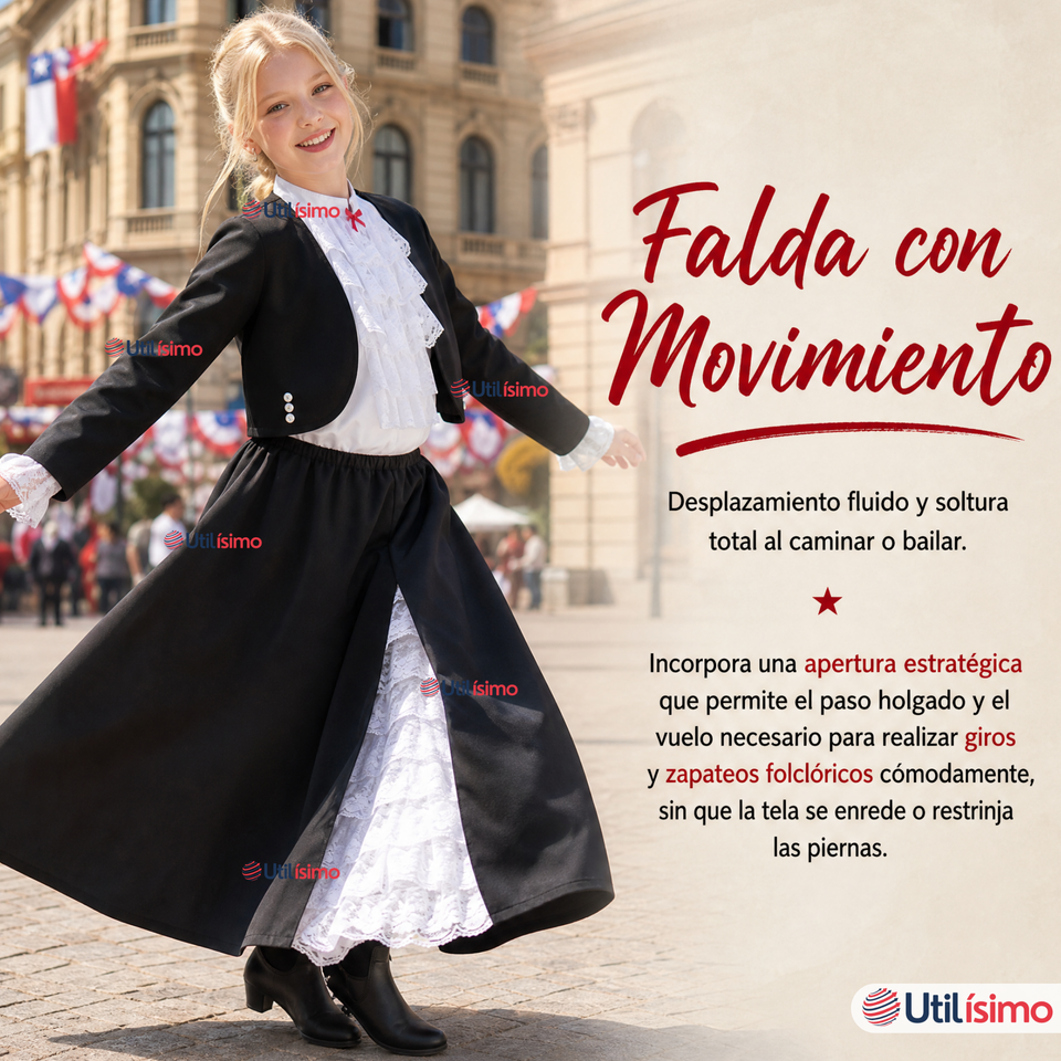 Traje Huasa Elegante Negro Juvenil Conjunto 4 Piezas Tipico Fiestas Patrias