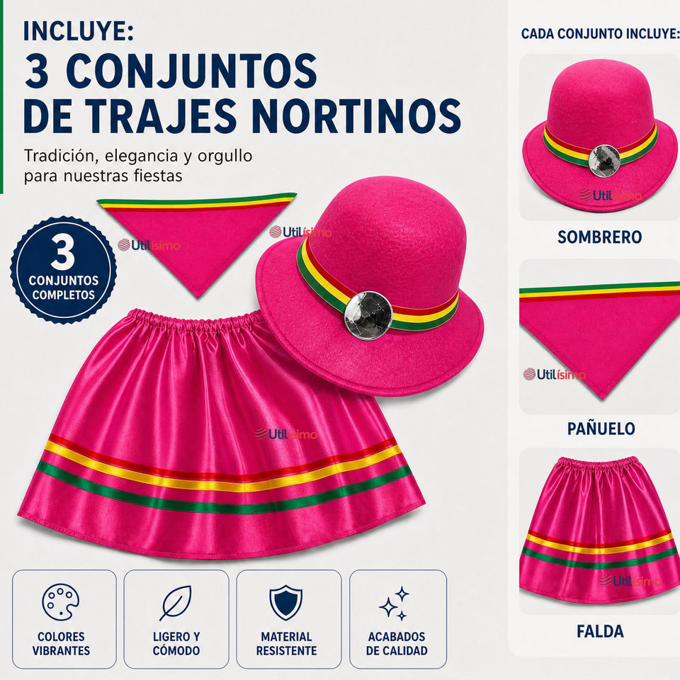 Pack 3 Trajes Nortinos Niña 3 piezas Fucsia Baile Típico Fiestas Patrias