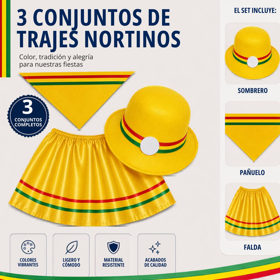 Pack 3 Trajes Nortinos Niña 3 Piezas Amarillo Baile Típico Fiestas Patrias