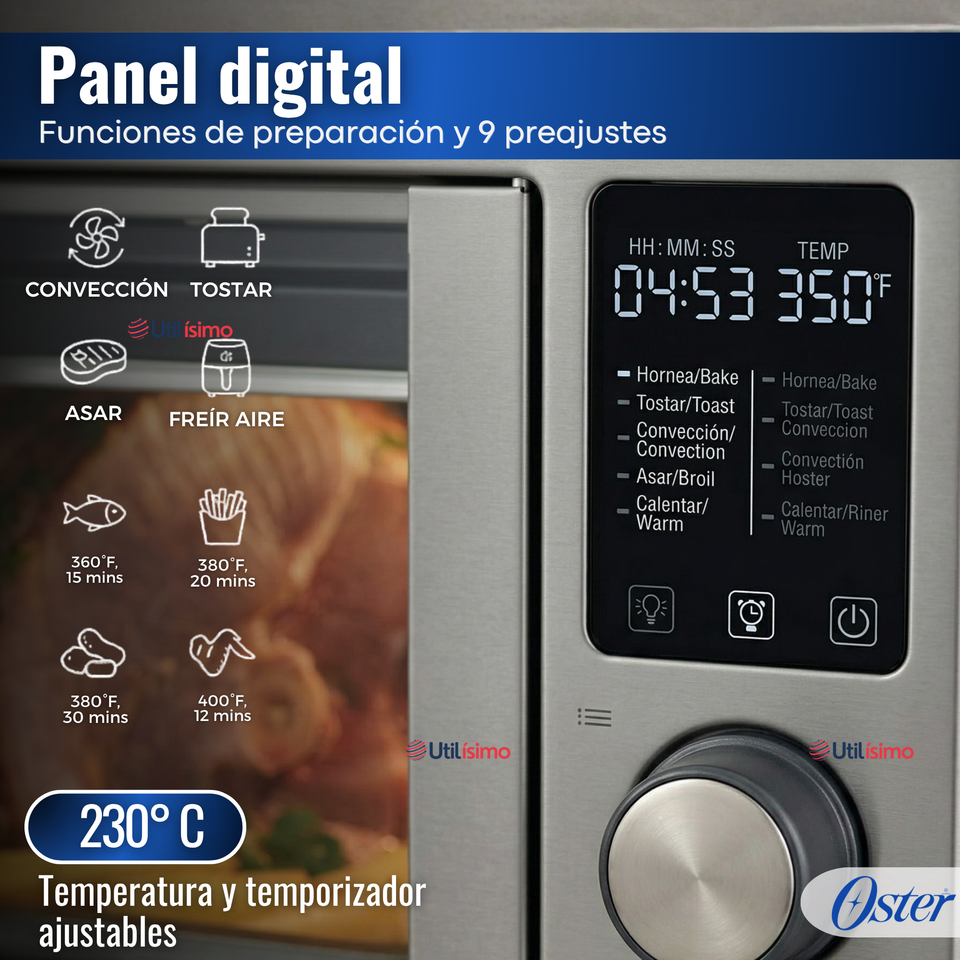 Horno con freidora de aire digital Oster® de 42 litros, puertas francesas, TSSTTV42FDDAFNS 1700W