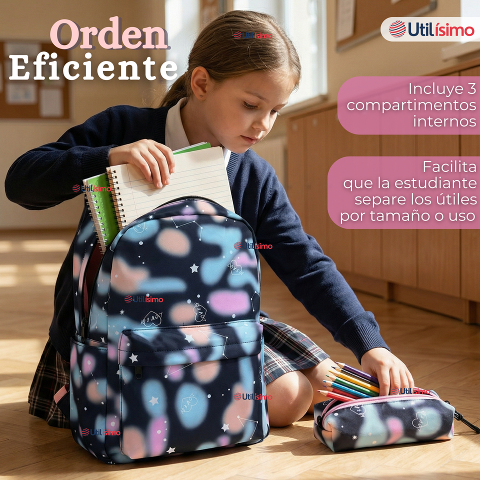 Mochila Escolar + Estuche + Lonchera 43cm Tela Oxford Azul Celeste Niña