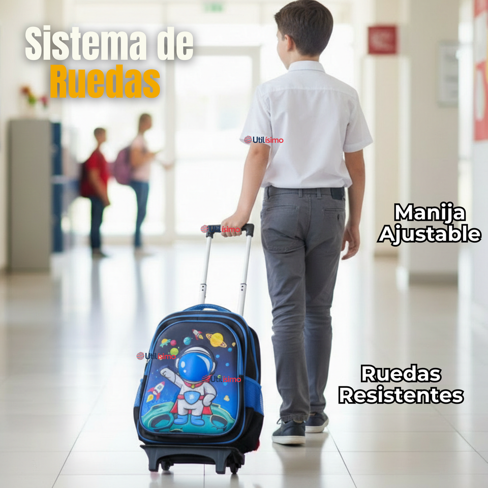 Mochila Escolar Con Ruedas + Estuche + Lonchera Poliéster Astronauta Niño