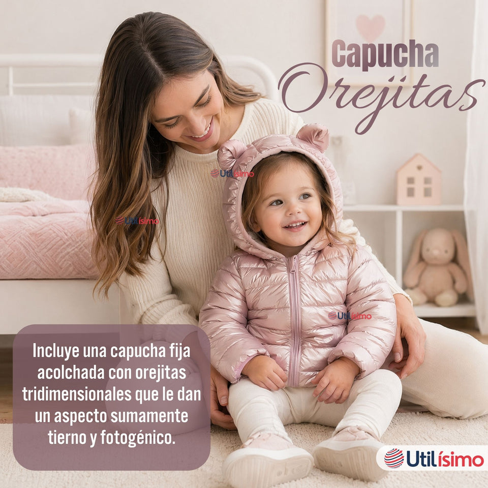 Parka Bebé Niña Rosada Térmica Acolchada Con Orejitas Beautiful Pink