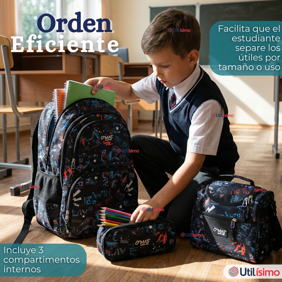 Mochila Escolar + Estuche + Lonchera 45cm Tela Oxford Estampado Gamer Niño