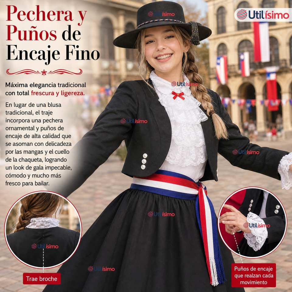 Traje Huasa Elegante Negro Juvenil Conjunto 7 Piezas Tipico Fiestas Patrias