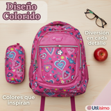 Mochila Escolar Con Estuche 36cm Tela Oxford Impermeable Niña