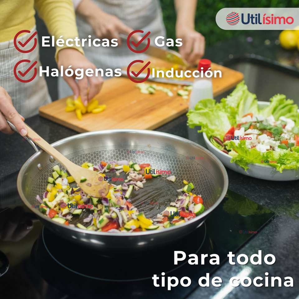 Sartén Wok Acero Inoxidable Antiadherente 34cm +Cuchara de Madera Bambú