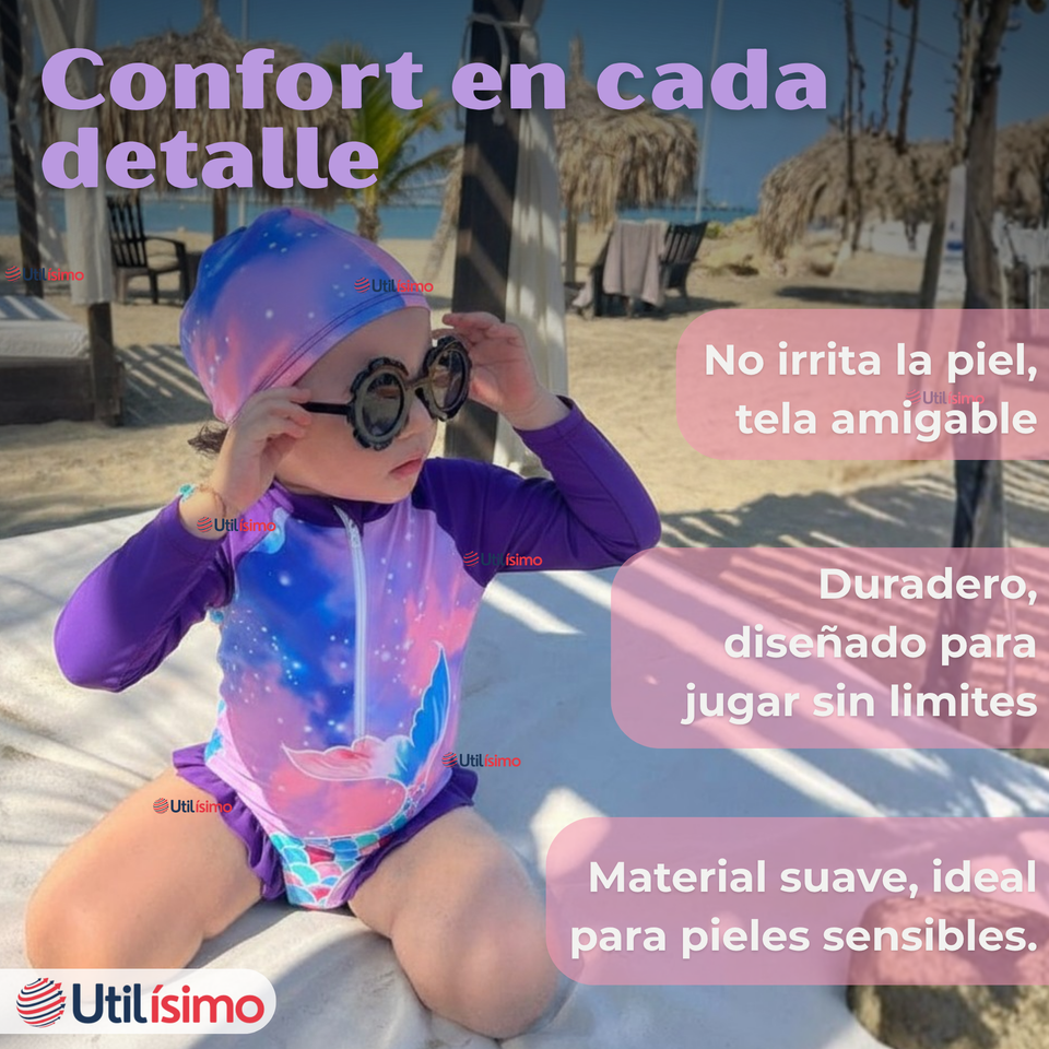 Traje De Baño Enterito Manga Larga con Cremallera y Gorro Bebe Niña Purple Mermaid