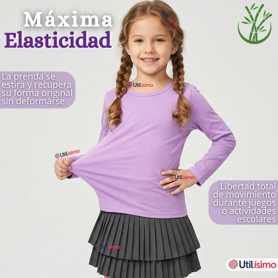 Camiseta Polera Bambú Cuello Redondo Lila Primera Capa Manga Larga Niña