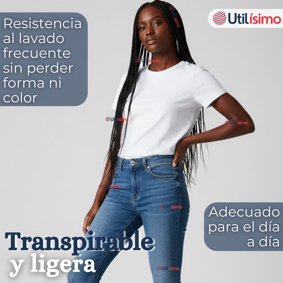 Camiseta Polera 100% Algodón Básica Lisa Elástica Mujer Blanco