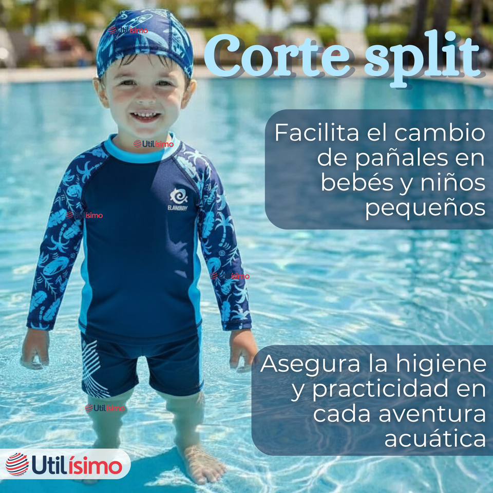 Traje de Baño Con Gorro Pantalón Corto Manga Larga 3 Piezas Corte Split Niño 2 a 8 años Blue
