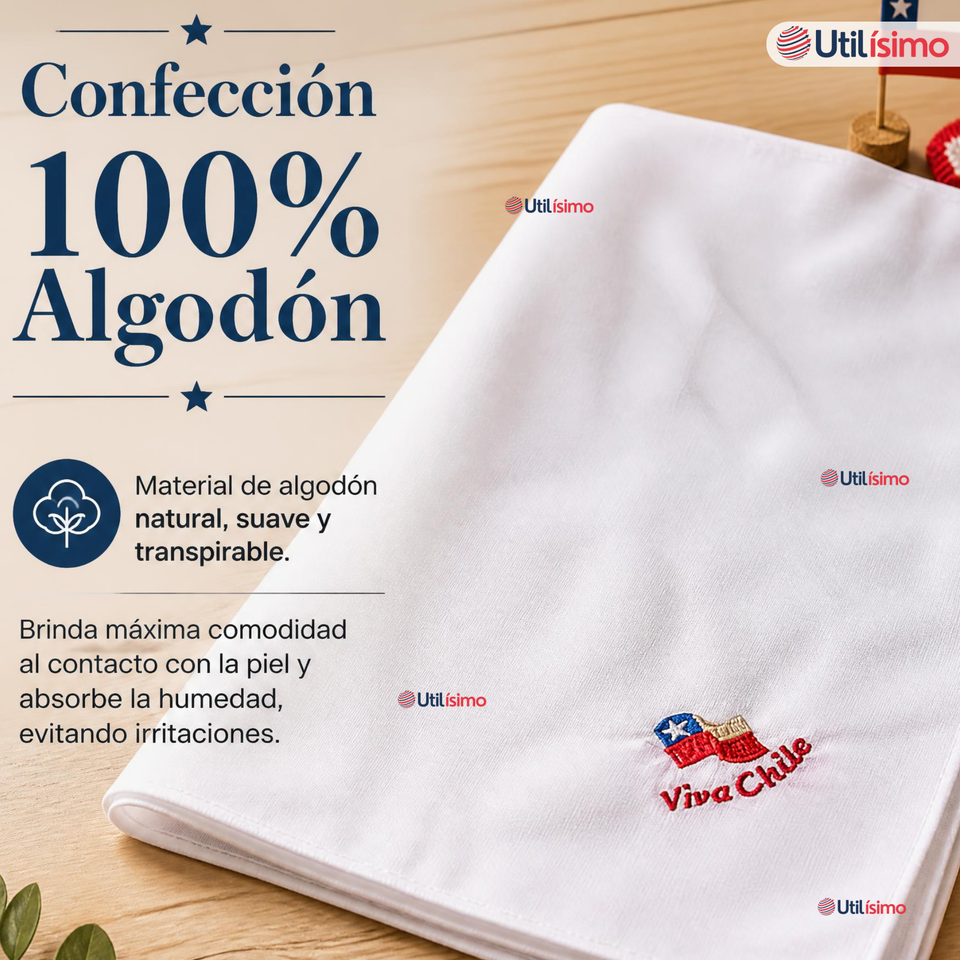 Pañuelo Baile Cueca 36cm Bordado Bandera de Chile Algodón Fiestas Patrias
