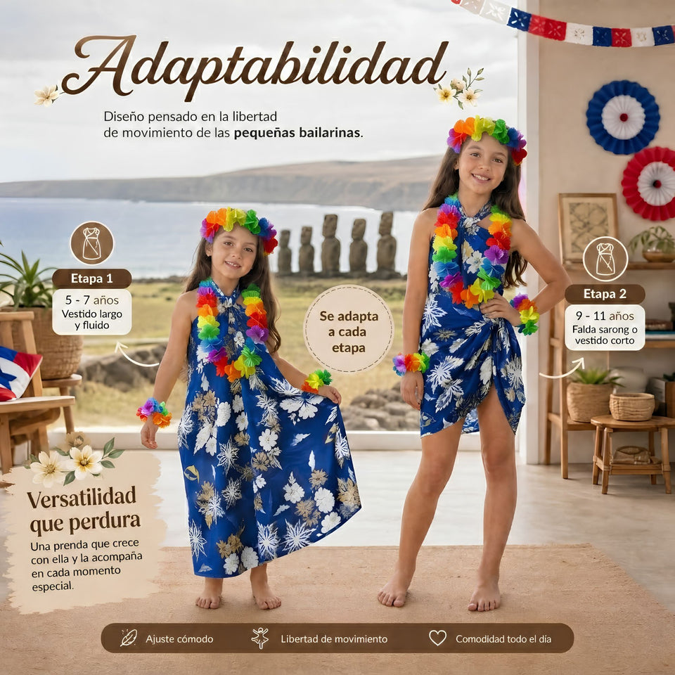 Pack 3 Trajes Páscuense Pareo Hawaiano Azul Niña Con Accesorios