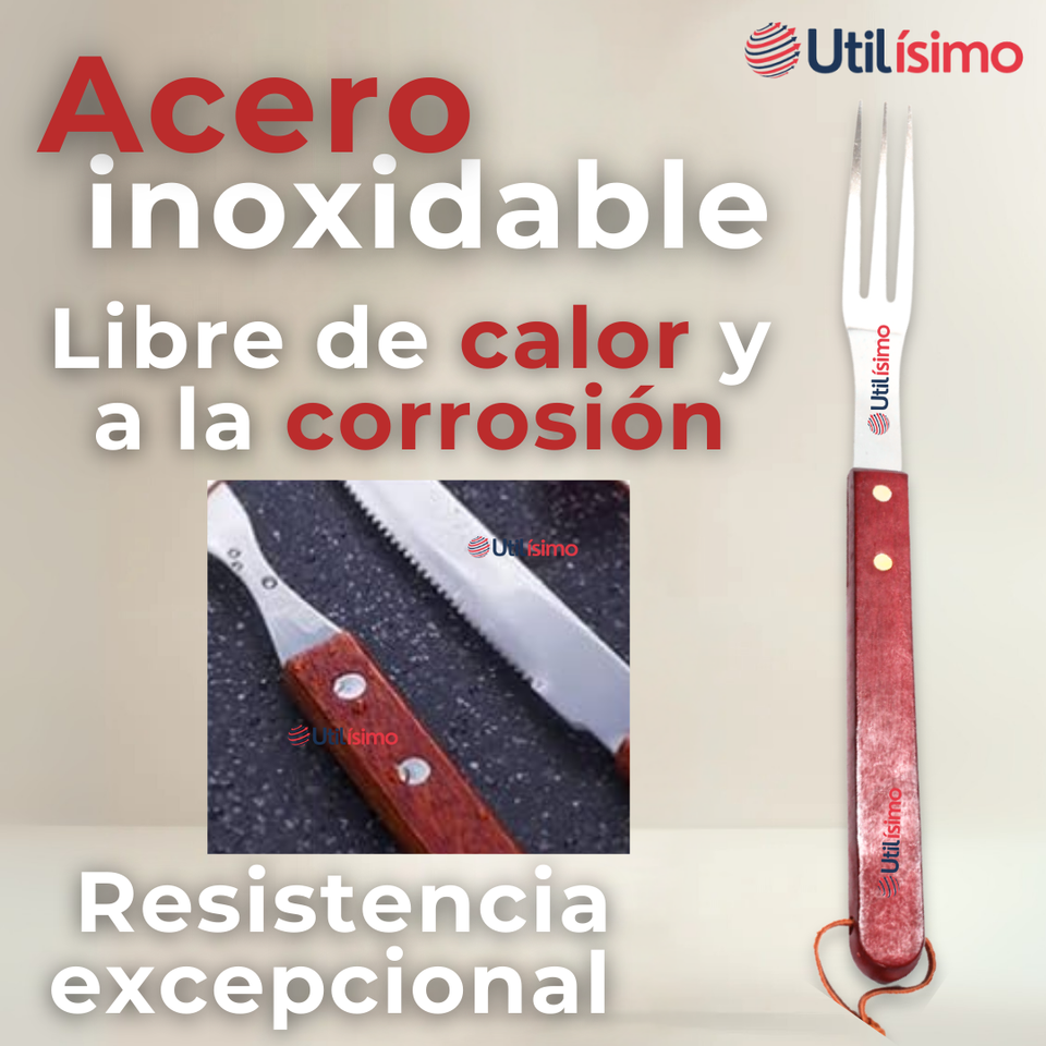 Set Cuchillo + Tenedor Para Parrillas Y Asados Acero Inoxidable