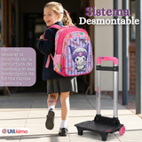 Mochila Escolar Kuromi 3D Con Ruedas Desmontable + Estuche + Lonchera Poliéster Morado Niña