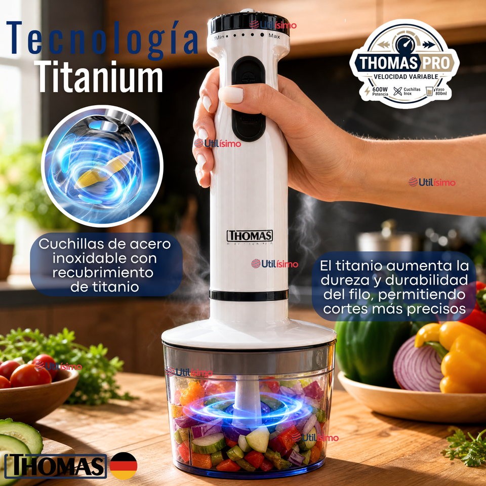 Minipimer Eléctrico Thomas Premium 4 en 1 Con Accesorios Alta Potencia Tecnologia Alemana Blanco