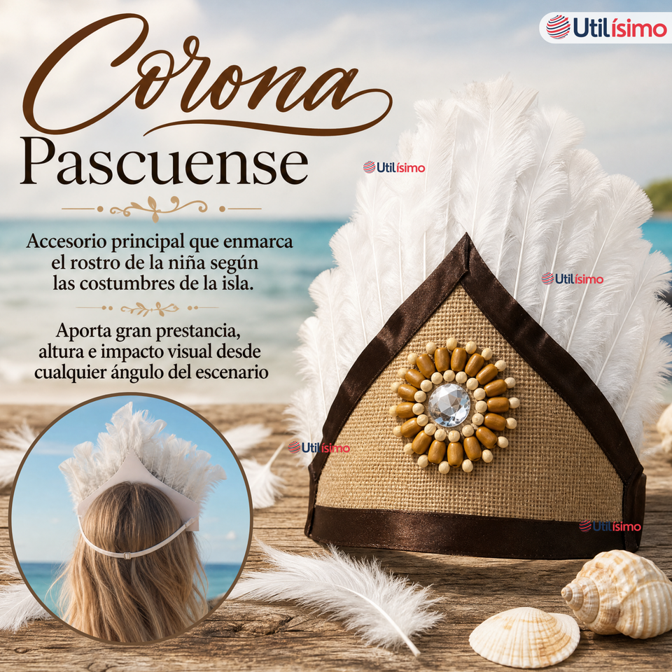 Traje Pascuense Típico Blanco Con Plumas 3 Piezas Niña Rapa Nui Fiestas Patrias