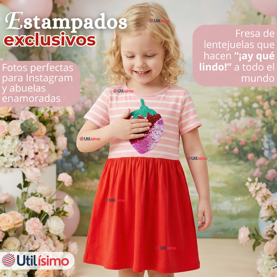 Vestido Manga Corta Casual Rosado Fresa Verano Niña 2 a 7 años
