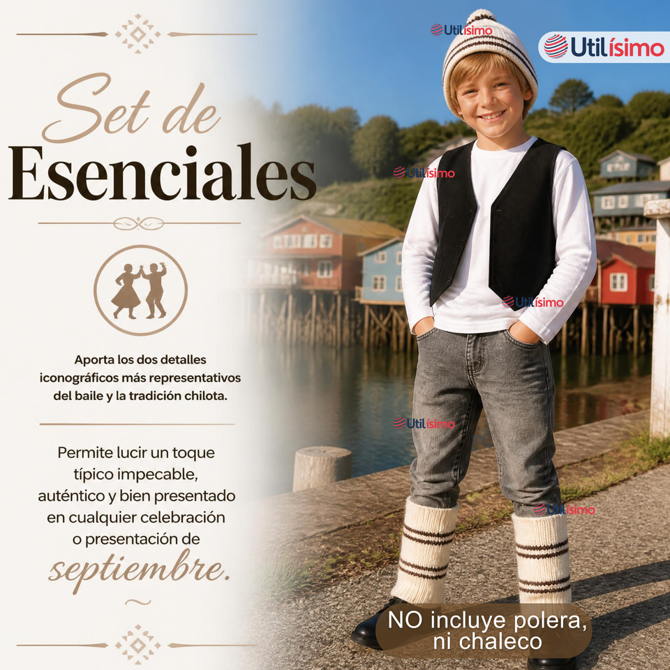 Pack 3 Set Chilote De Gorro Polainas Tipico Niño Fiestas Patrias
