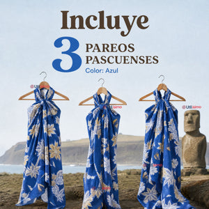 Pack 3 Pareos Pascuense Niña Hawaiano Azul Danza Fiestas Patrias