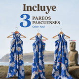 Pack 3 Pareos Pascuense Niña Hawaiano Azul Danza Fiestas Patrias