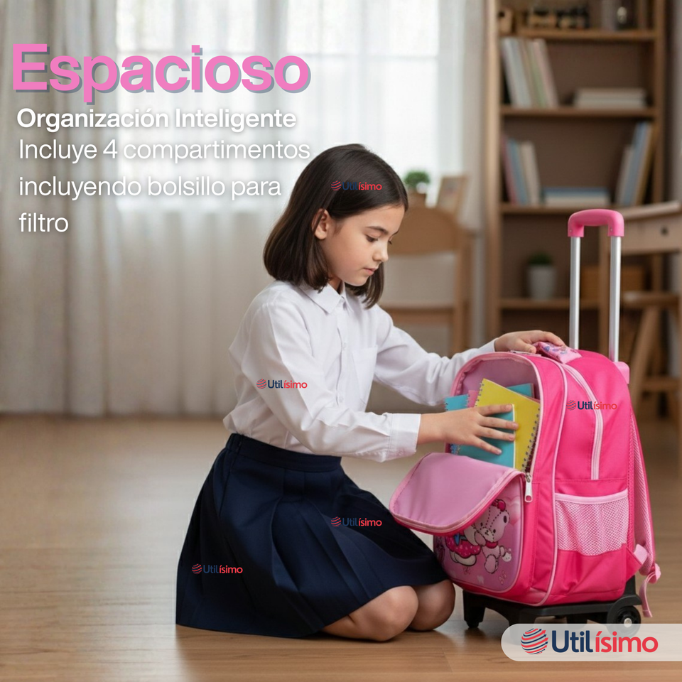 Mochila Escolar Hello Kitty Teddy Con Ruedas Desmontables + Estuche + Lonchera Niña Poliéster