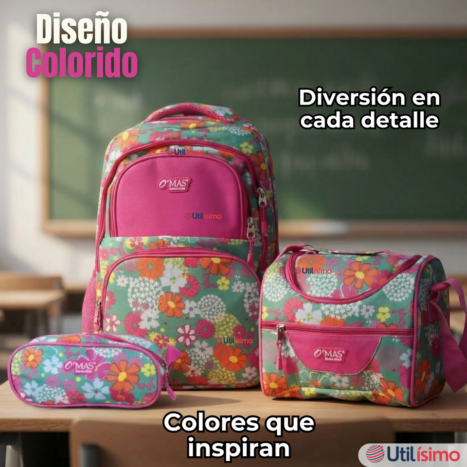 Mochila Escolar Kit Con Estuche y Lonchera 43cm Tela Oxford Niña