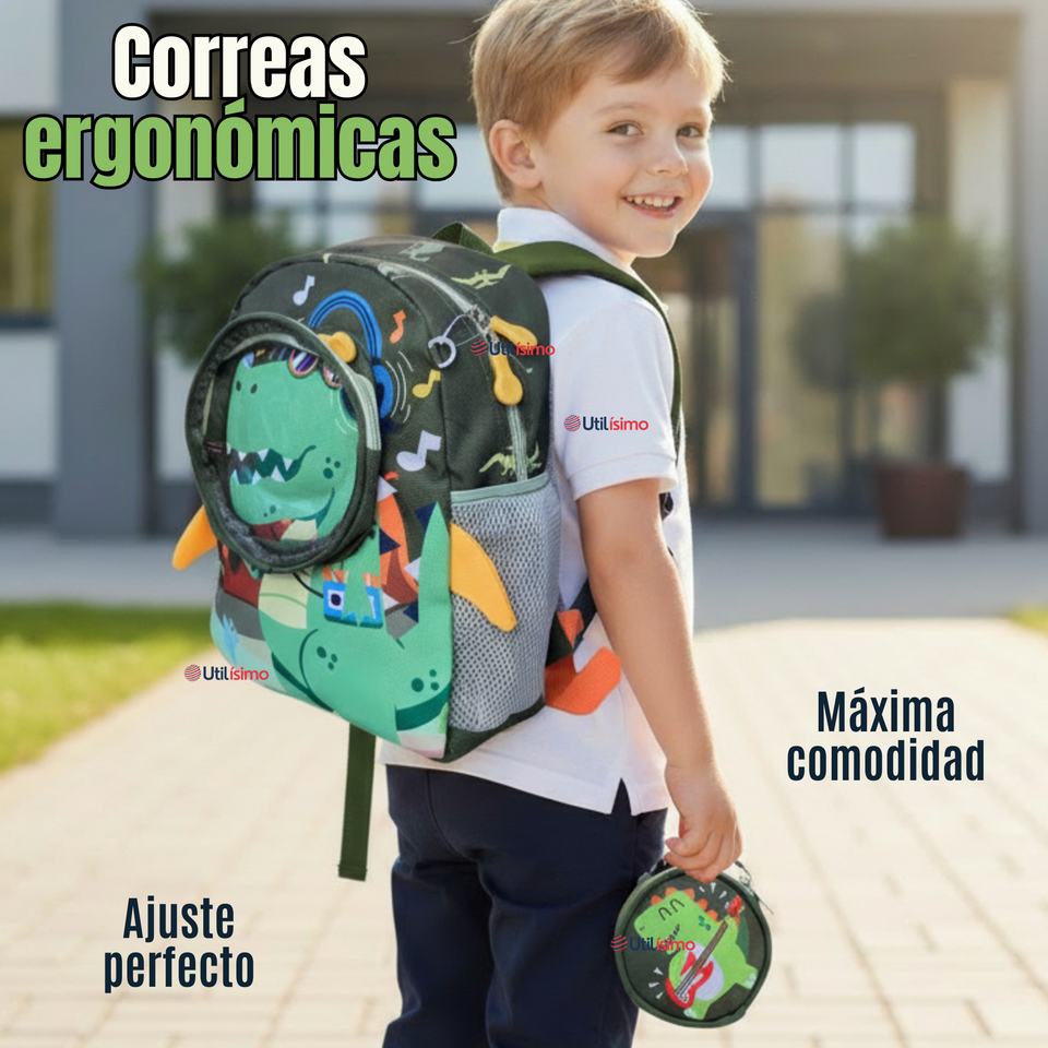 Mochila Escolar Con Estuche 33cm Poliéster Impermeable Dinosaurio Niño