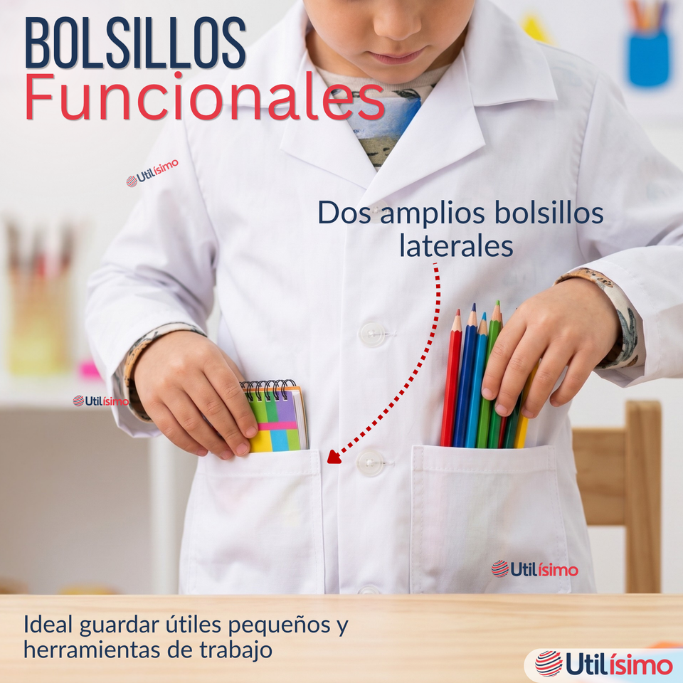 Cotona Delantal Blanca Escolar Colegio Unisex Niño Niña Manga Larga
