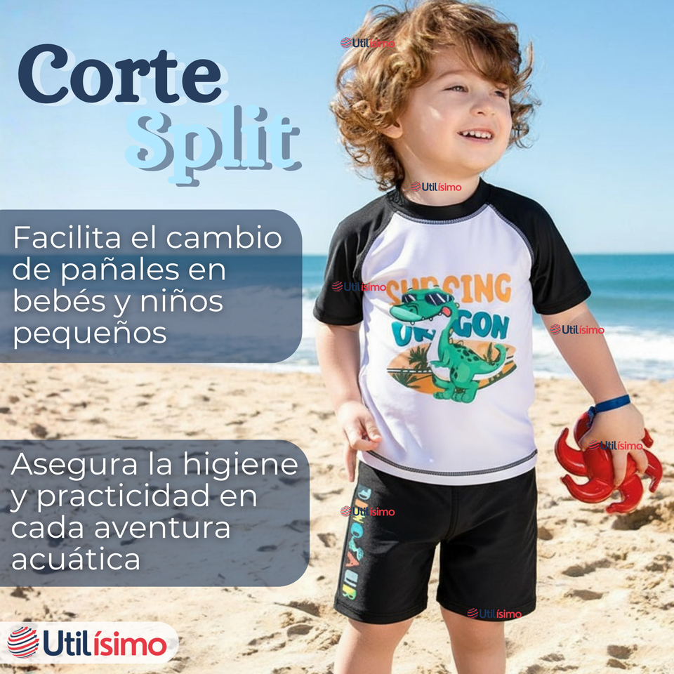 Traje de Baño Manga Corta Pantalón Corto 2 Piezas Corte Split Niño 3 a 9 años Black Dinosaur