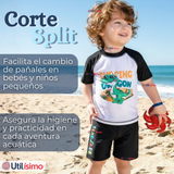 Traje de Baño Manga Corta Pantalón Corto 2 Piezas Corte Split Niño 3 a 9 años Black Dinosaur