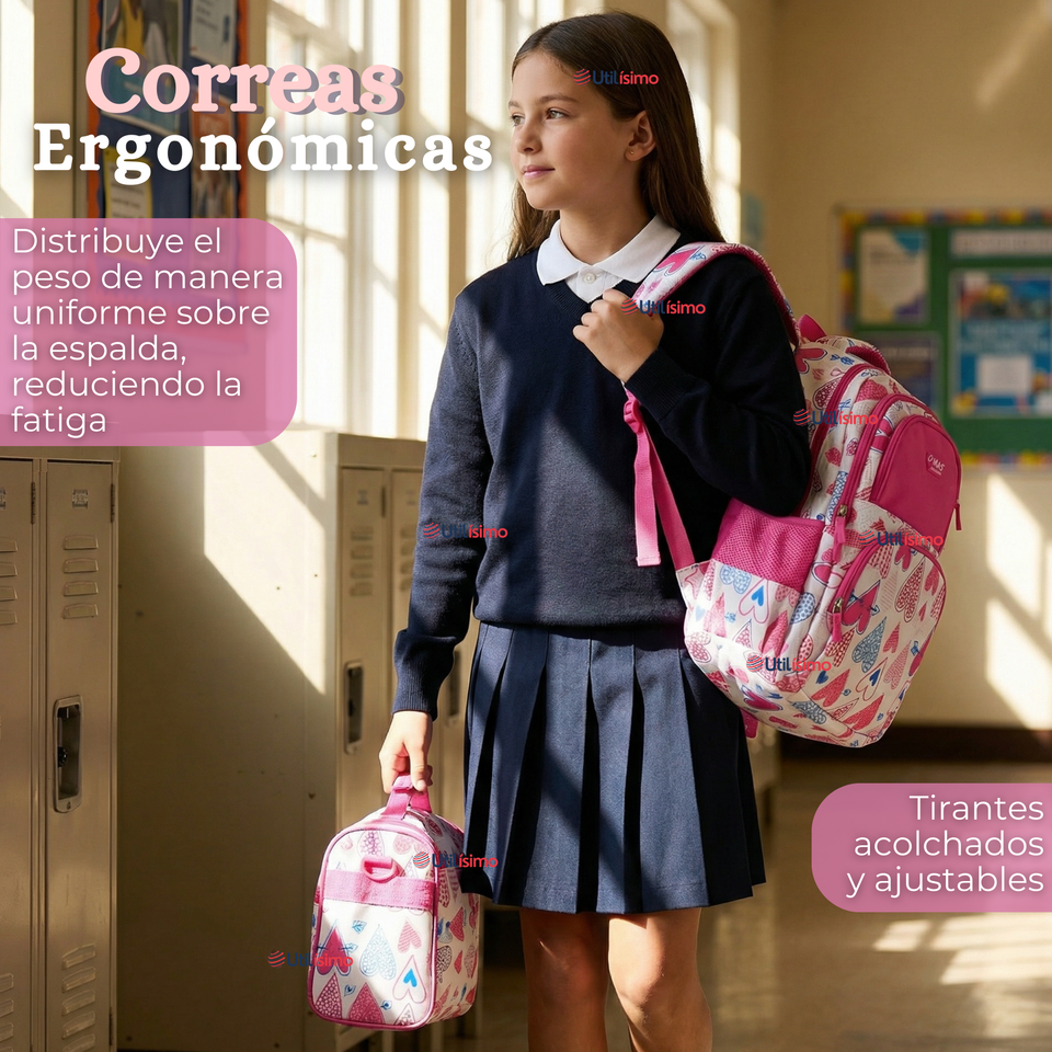 Mochila Escolar + Estuche + Lonchera 43cm Tela Oxford Rosa Corazones Niña